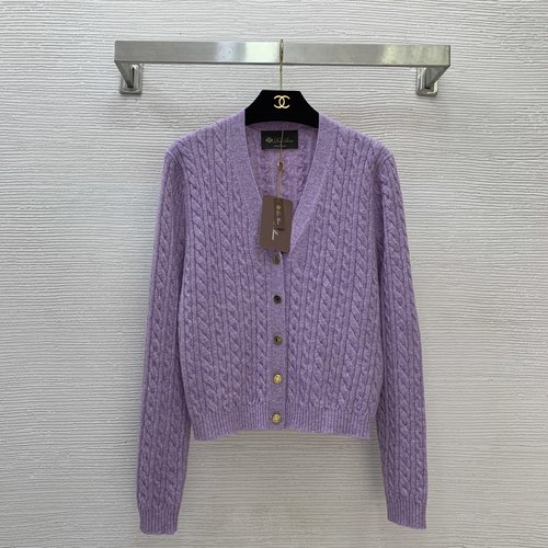 Loro Piana V-Neck Short-Sleeved Wool Knit Cardigan in Multi Colors with Gold Buttons