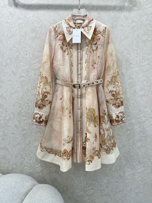 Zimmermann Positioned Flower Lapel Long Dress with Lantern Sleeves