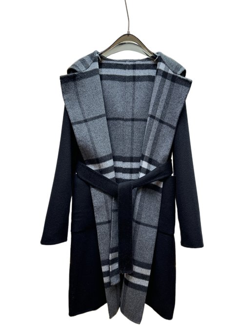 Burberry Long Hooded Collared Coat in Black and Camel