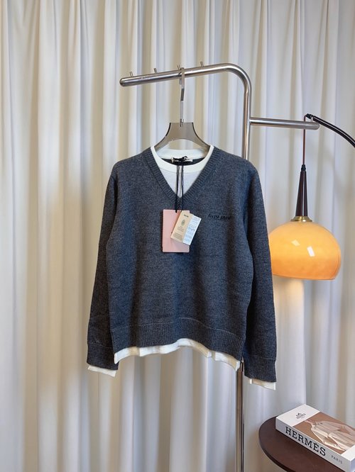 Miu Miu Two-tone Wool Top with Jacquard Logo, High-quality and Stylish