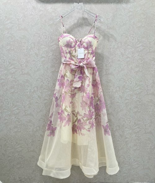 Zimmermann Charming Long Bauhinia Print Sling Dress with Diamond-Studded Straps