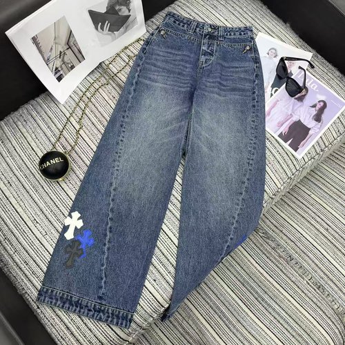 Chrome Hearts Denim Wide-leg Pants with Color-blocked Cross Pattern