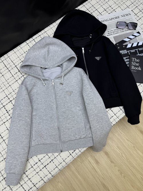 Prada Classic Triangular Logo Hooded Jacket in Neutral Colors