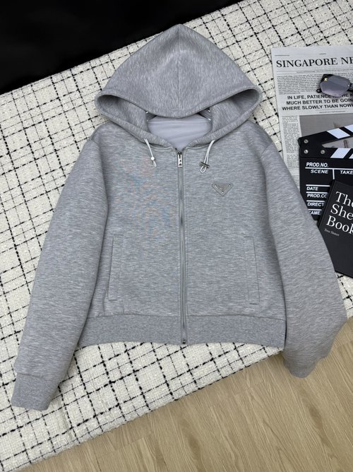 Prada Classic Triangular Logo Hooded Jacket in Neutral Colors