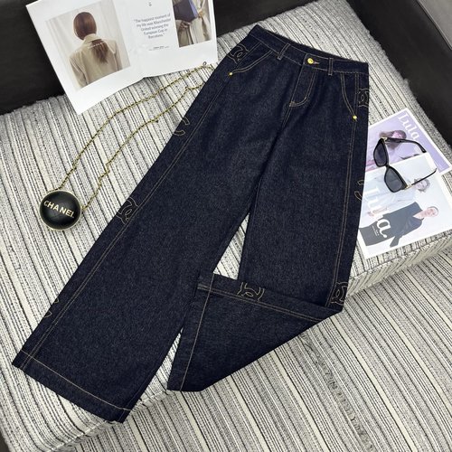 Chanel Denim Straight-leg Pants with Double C Logo Embroidery