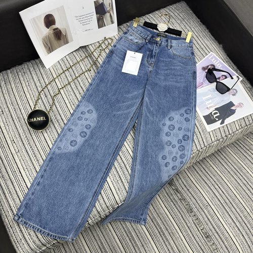 Chanel Denim Straight-leg Pants with Monochromatic Double C Logo Print
