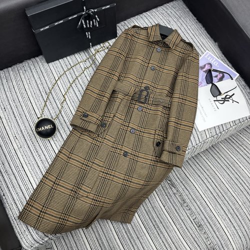 Yves Saint Laurent Recommended Houndstooth Long Trench Coat with Waist Belt