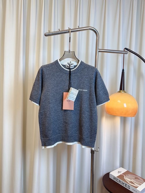 Miu Miu Jacquard Logo Wool Short Sleeve Shirt