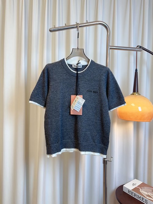 Miu Miu Custom Jacquard Logo Contrast Stitch Wool Short Sleeve