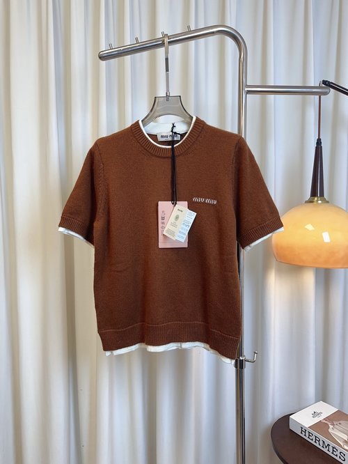 Miu Miu Woolen Short Sleeve with Jacquard Logo and Color Block