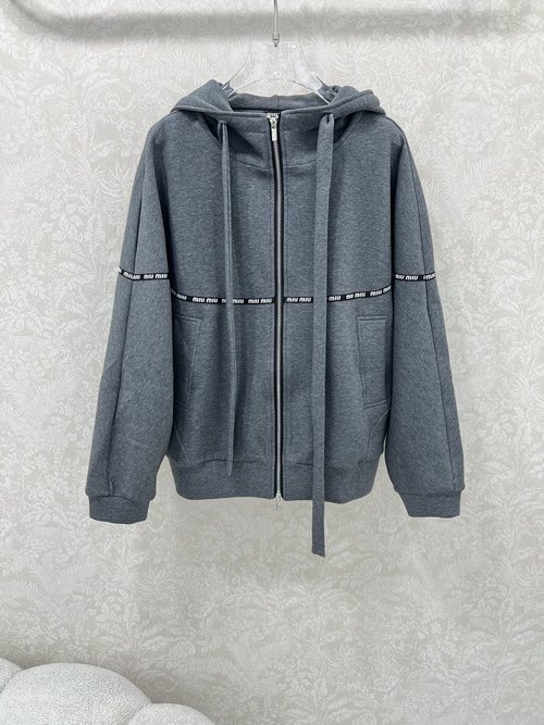 Miu Miu Solid Color Hooded Space Cotton Coat with Intricate Logo Stripe
