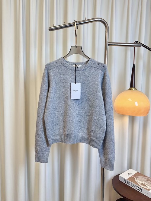 Celine Round-Neck Wool Sweater with Embroidered Triumphal Arch Logo