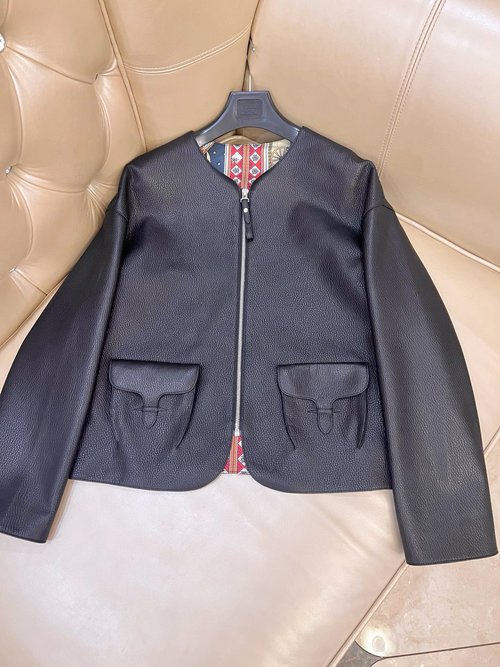 Hermes Elegant Leather Jacket with Spanish Imported Lambskin in Classic H - Shape