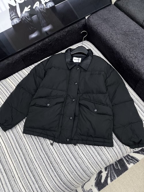 Miu Miu Cute Leather Collar Spliced Cotton Jacket with Checkerboard Design