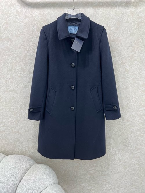 Prada Classic Wool Overcoat with Logo Embossing for a Timeless Appeal