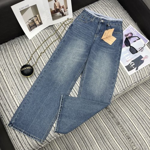 Miu Miu Recommended Early Autumn Spliced Plaid Waist Jeans with Patch Pockets