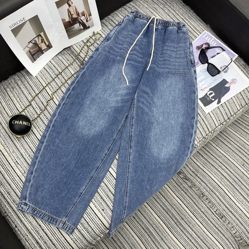 Alexander Wang Early Autumn Elastic Waist Curved Denim Wide-Leg Pants