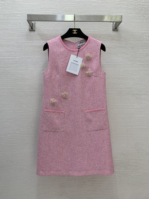 Chanel Slimming Gray and Pink Sleeveless Vest Dress with Beaded Edge and 3D Flower Decor