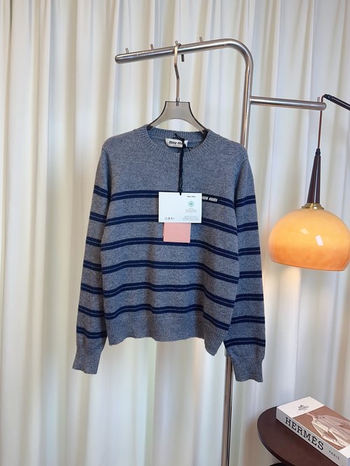 Miu Miu Custom Jacquard Logo Striped Wool Top, Stylish and Comfort - Providing
