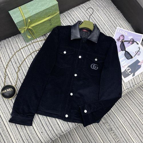 Gucci Patchwork Leather Flip Collar Corduroy Jacket Featuring Double G Logo