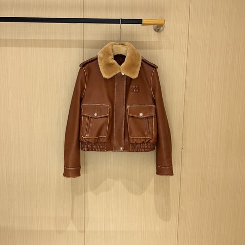 Miu Miu Leather Jacket with Imported Lambskin Fur Collar, Elegant and Sophisticated Style