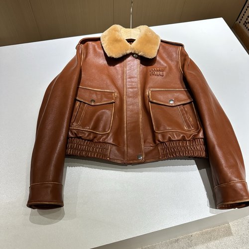 Miu Miu Leather Jacket with Imported Lambskin Fur Collar, Elegant and Sophisticated Style