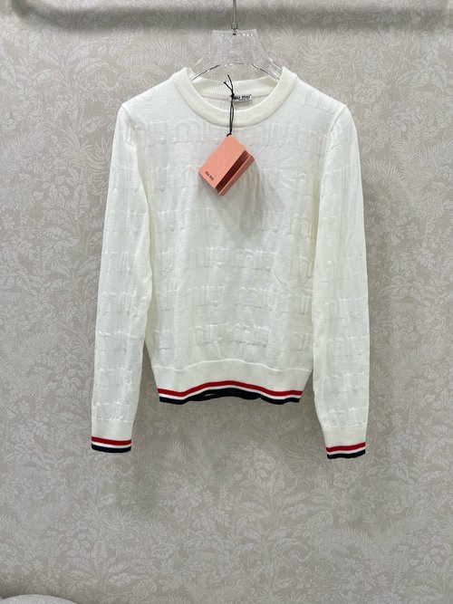 Miu Miu Round-Neck Knit Sweater with Miu Jacquard and Color-Blocked Cuffs