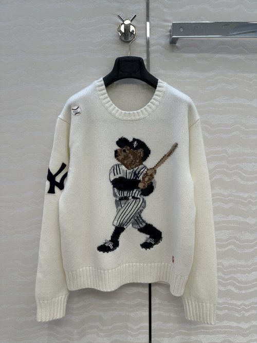 Loro Piana Exclusive Custom: American-style Baseball Bear Embroidery Wool Sweater