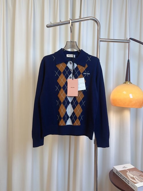 Miu Miu Checked V-neck Cashmere Top with Embroidered Logo and Dainty Look
