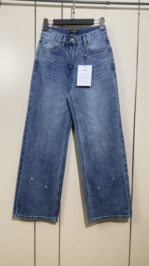 Chanel Vintage Logo Embossed Diamond Denim Jeans, Slim Fit