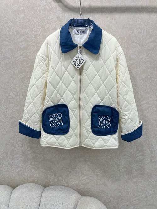 Loewe Quilted Cotton Jacket with Denim Trim and Logo Embroidery, New Arrival
