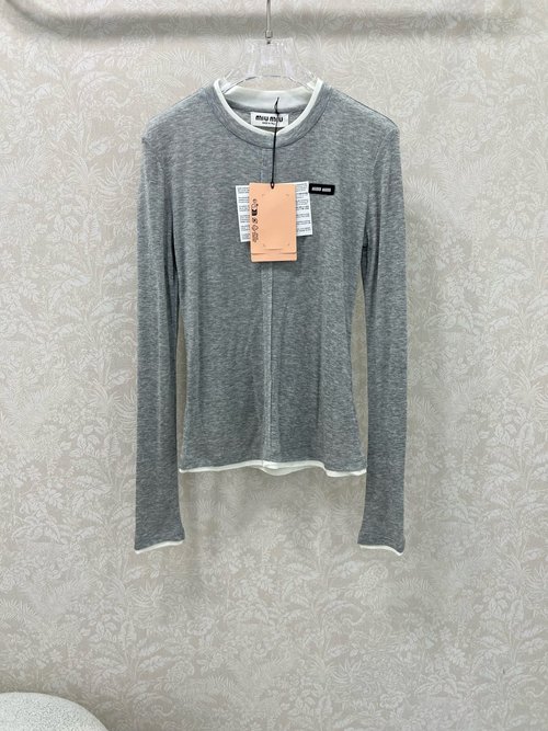 Miu Miu Custom Imported Tencel Wool Long Sleeve Top with Contrast Cuffs