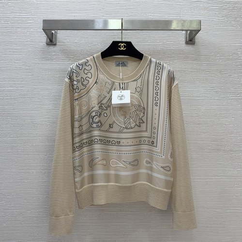 Hermes High - end Customized Silk - Wool Blend Geometric Print Top