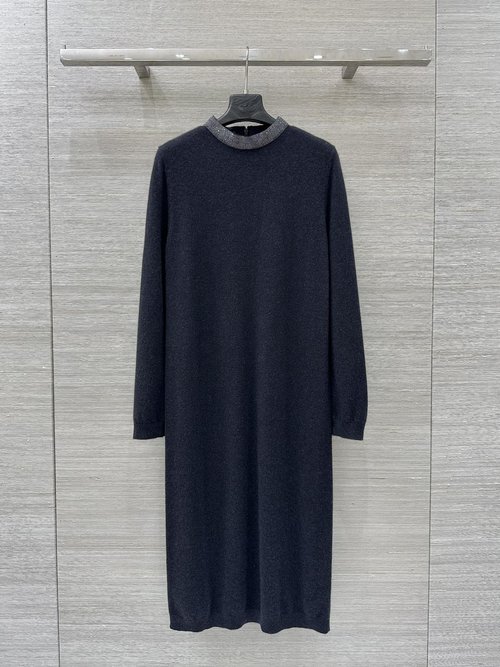 Brunello Cucinelli Exclusive First Release: Luxury Cashmere Dress with Chain - Embroidered Collar