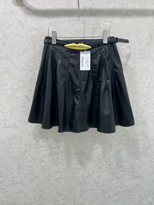 Schiaparelli Washed Leather A-Skirt with Folds and Brand Belt, High-End Design