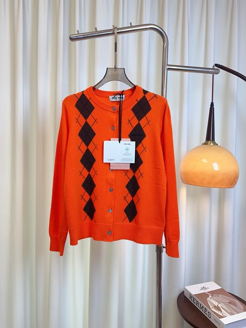 Miu Miu Cashmere Cardigan with Checked Pattern and Small Logo, Soft and Sophisticated