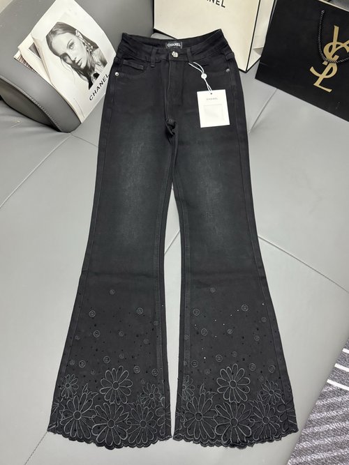 Chanel Stylish Camellia-logo Micro-flare Black Jeans