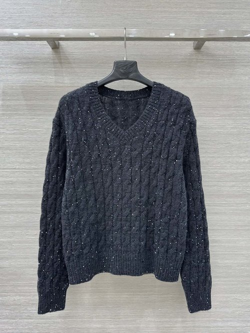 Brunello Cucinelli Exclusive High-end Knitted Mohair V-neck Top Adorned with Sparkling Beads