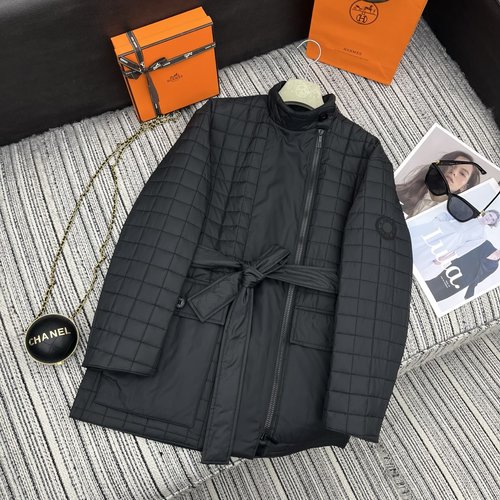 Hermes New Quilted Cotton Coat with Belt and Double-zipper Styling