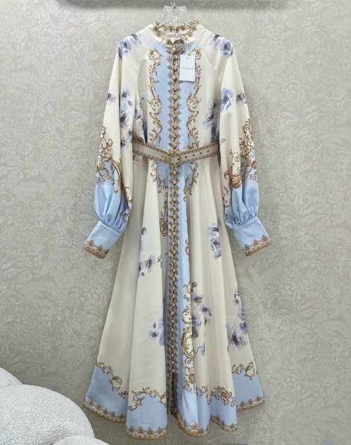 Zimmermann New Palace Bauhinia Series Long Dress with Stand-up Collar and Lantern Sleeves