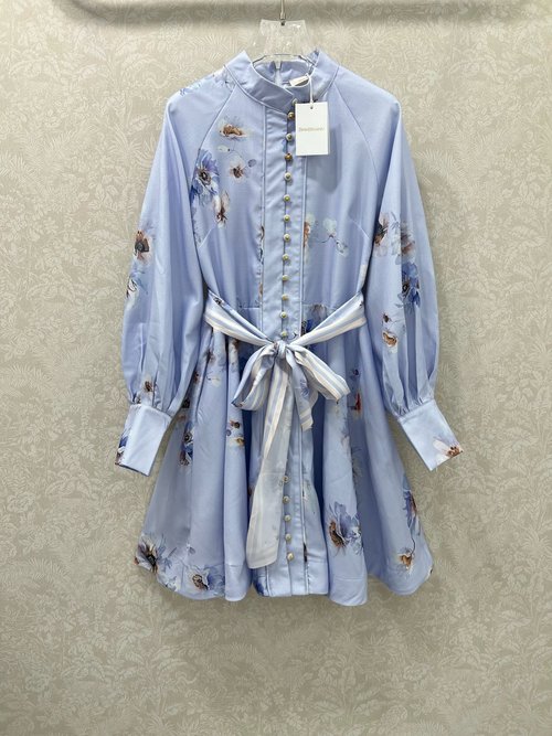 Zimmermann Light Purple Printed Short Dress, Ruffled Sleeves, Belt Included