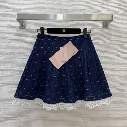 Miu Miu Denim Skirt with Bow Print, Lace Trim, and Pleated Hem