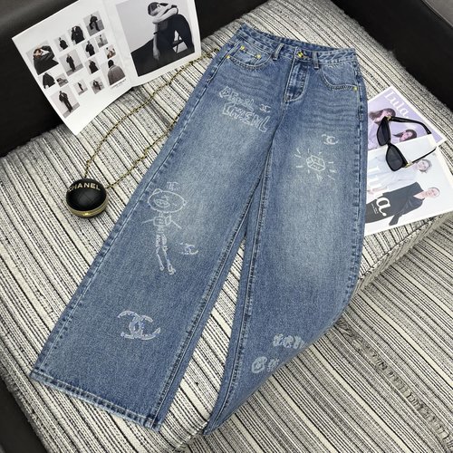 Chanel Cha Series New Denim Straight-Leg Pants with Double C Logo