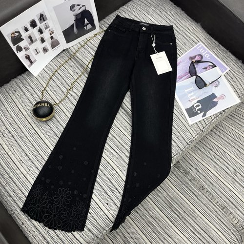 Chanel Embroidered Flowered Flare Jeans with Rhinestone Ornamentation
