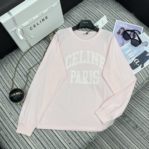 Celine Letter Print Long-sleeved Round Neck T-Shirt