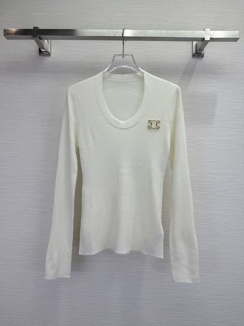 Celine U-Neck Wool Base Layer with Hollow Metal Badge and Elastic Fit