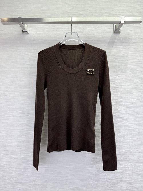 Celine U-Neck Wool Base Layer with Hollow Metal Badge and Elastic Fit