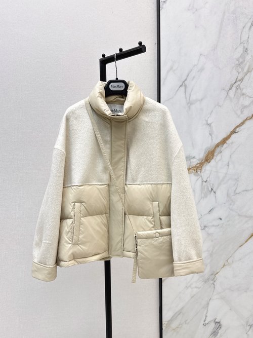 Max Mara Double - Sided Cashmere Spliced Short Down Coat, 90% White Duck Down Filled