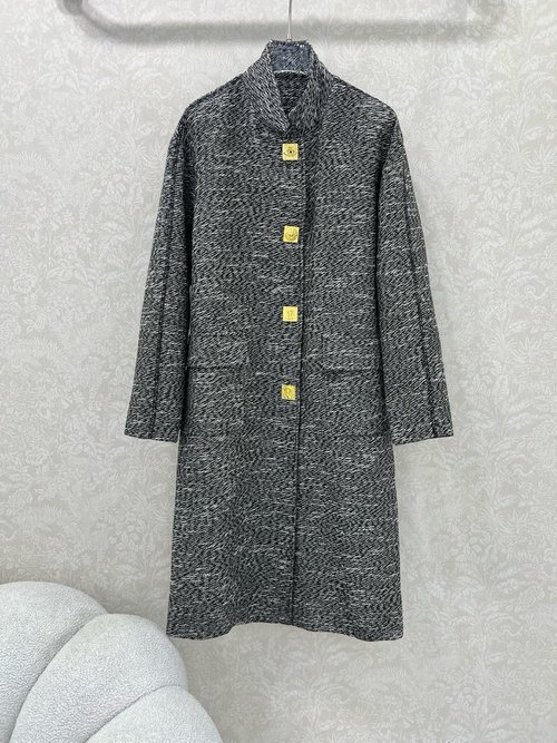 Schiaparelli Long Coat with Chinese Collar, Gray Tweed, Elegant Shoulder Design