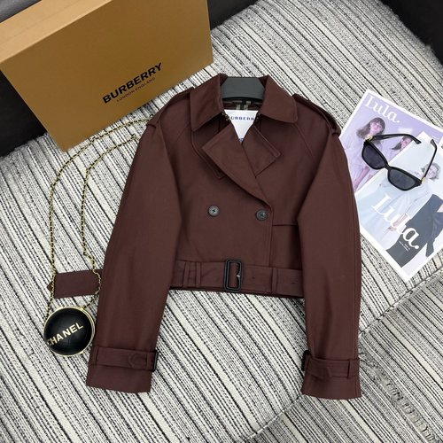 Burberry Collared Short Trench Coat with Checked Lining
